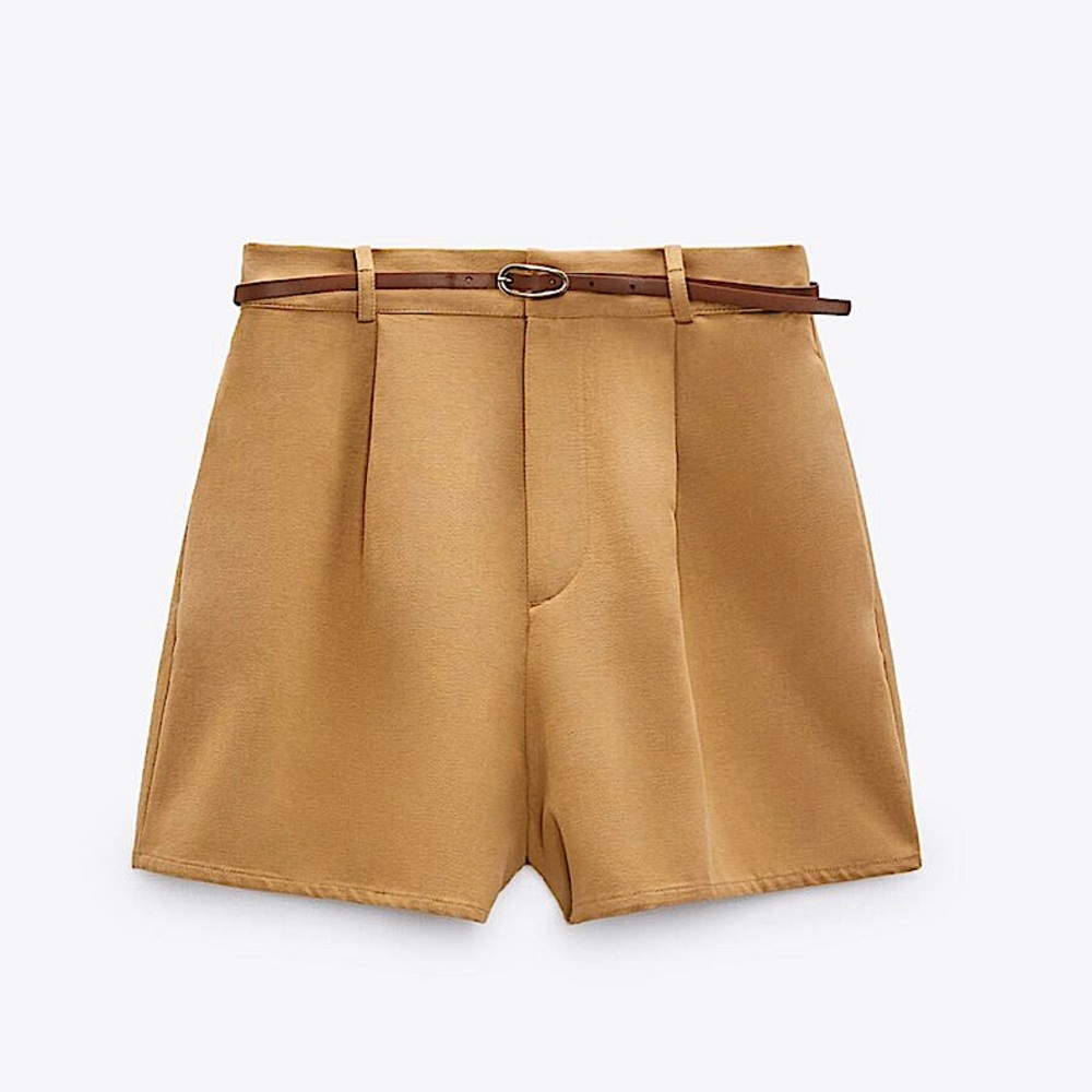 Zara High Waisted Tailored Shorts Tan Belted Pleated Size XL